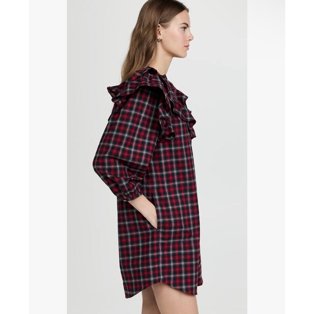 New something navy ruffle plaid button up dress long sleeve sz XS $165 - Picture 4 of 9